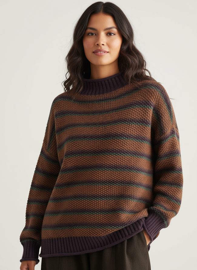 Isabelle | Women's Striped Ribbed Sweater Pullover with Round-Neck Knit Elegant for Everyday