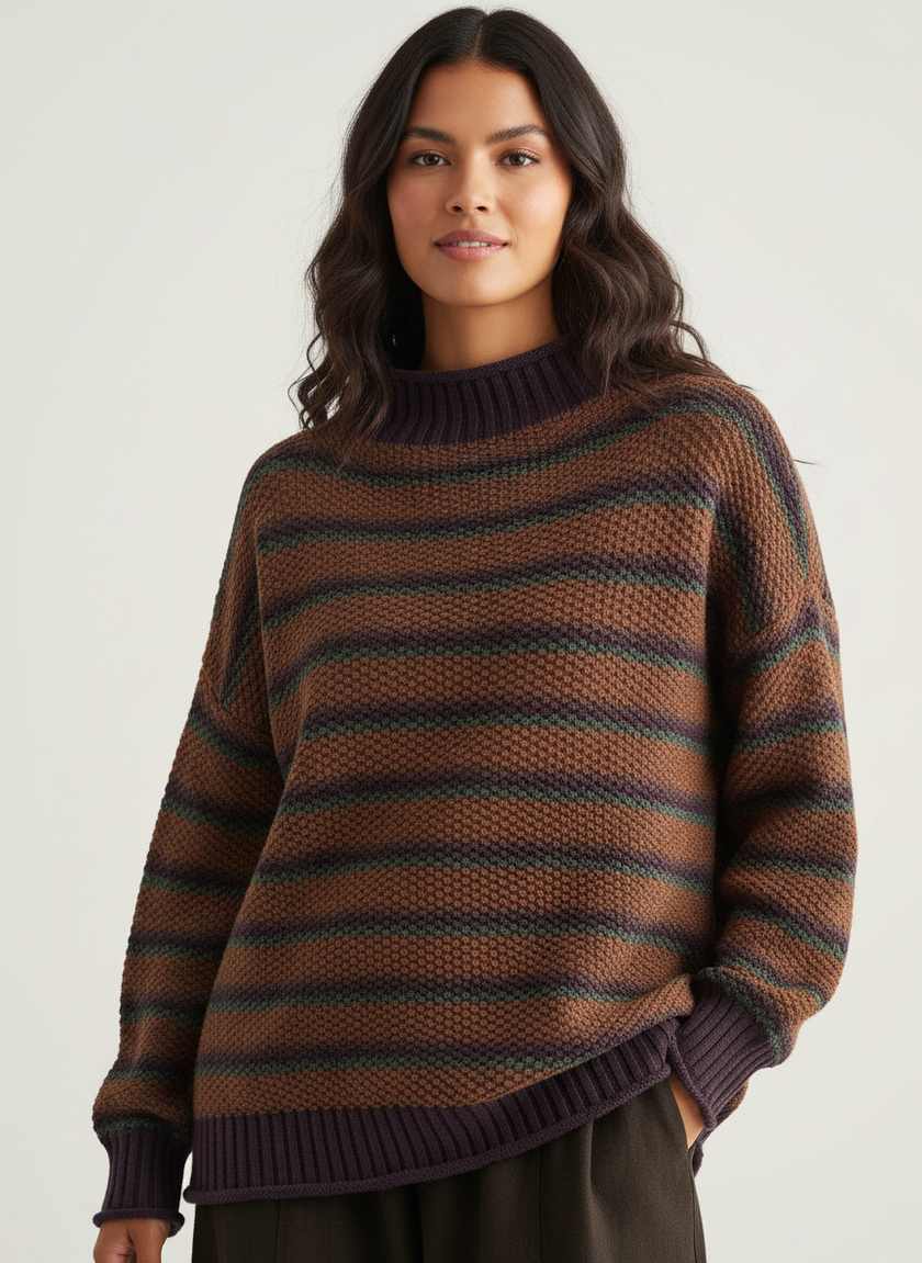 Knit Sweater Women Striped Round Neck Ribbed Trim