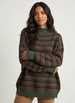 Knit Sweater Women Striped Round Neck Ribbed Trim
