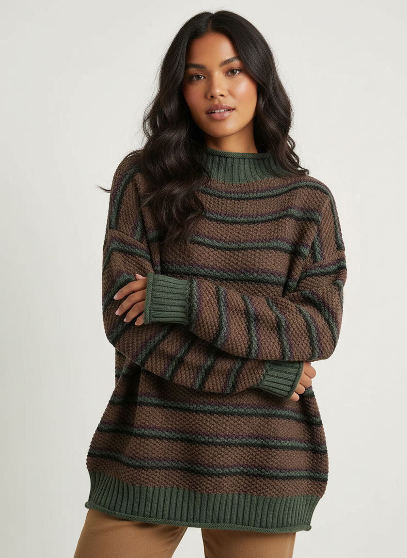 Knit Sweater Women Striped Round Neck Ribbed Trim