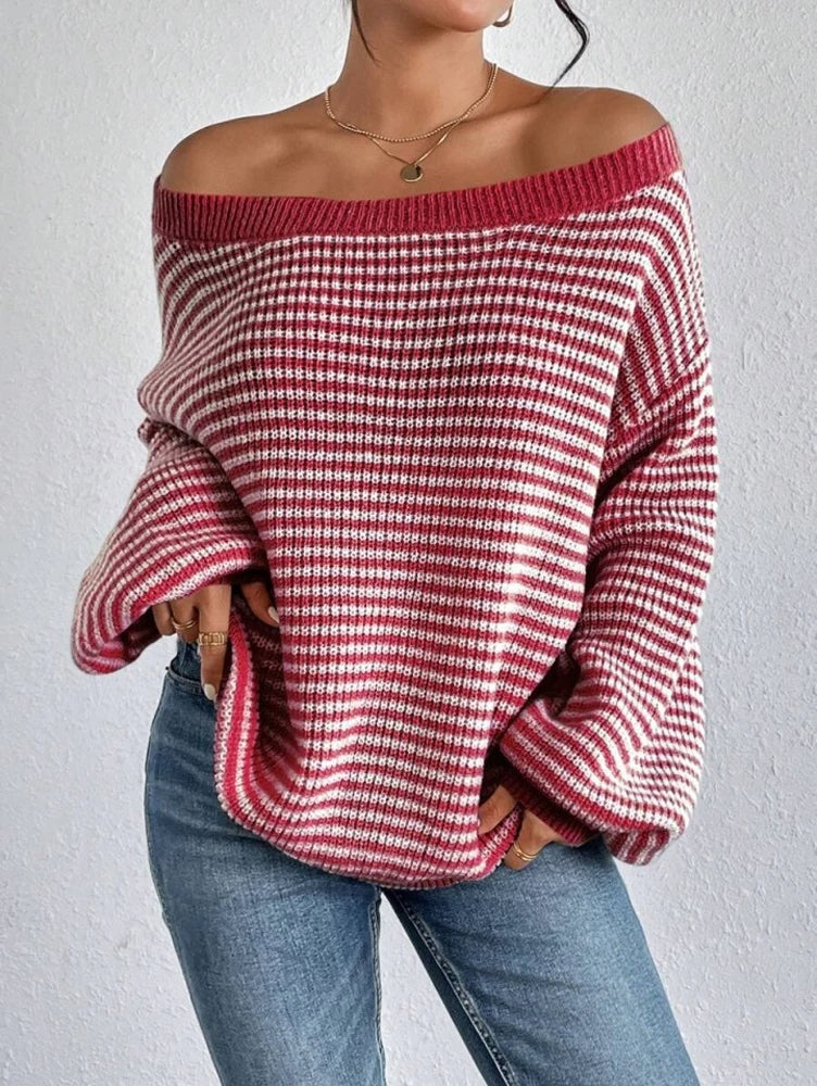 Striped Off-Shoulder Knit Sweater Women Relaxed Fit