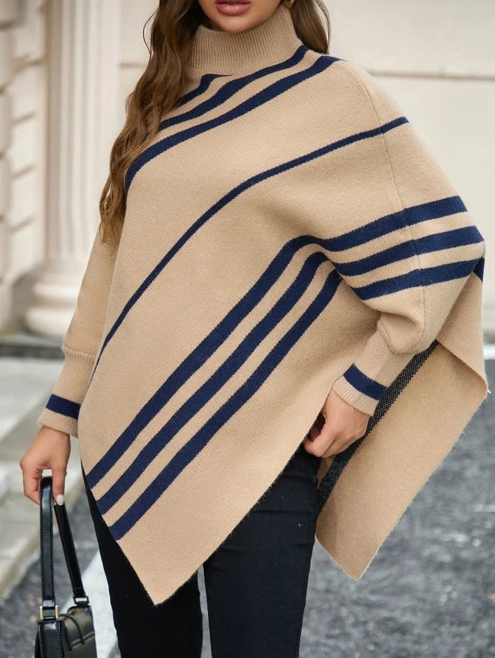 Poncho Sweater Women Striped Relaxed Fit Soft Knit