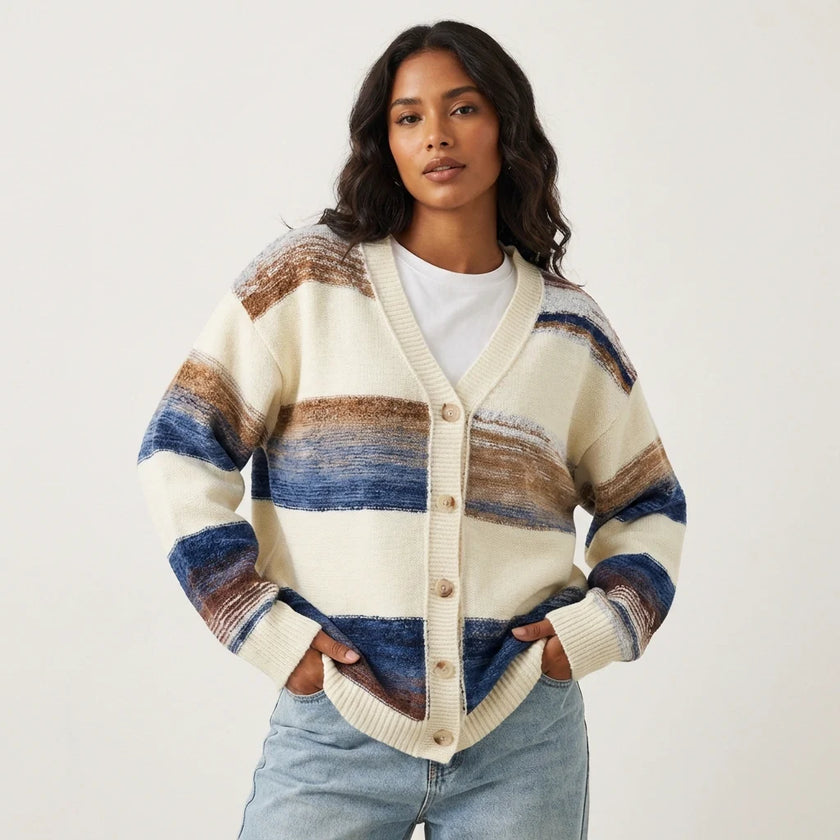 Striped Knit Cardigan Women Button Front V-Neck