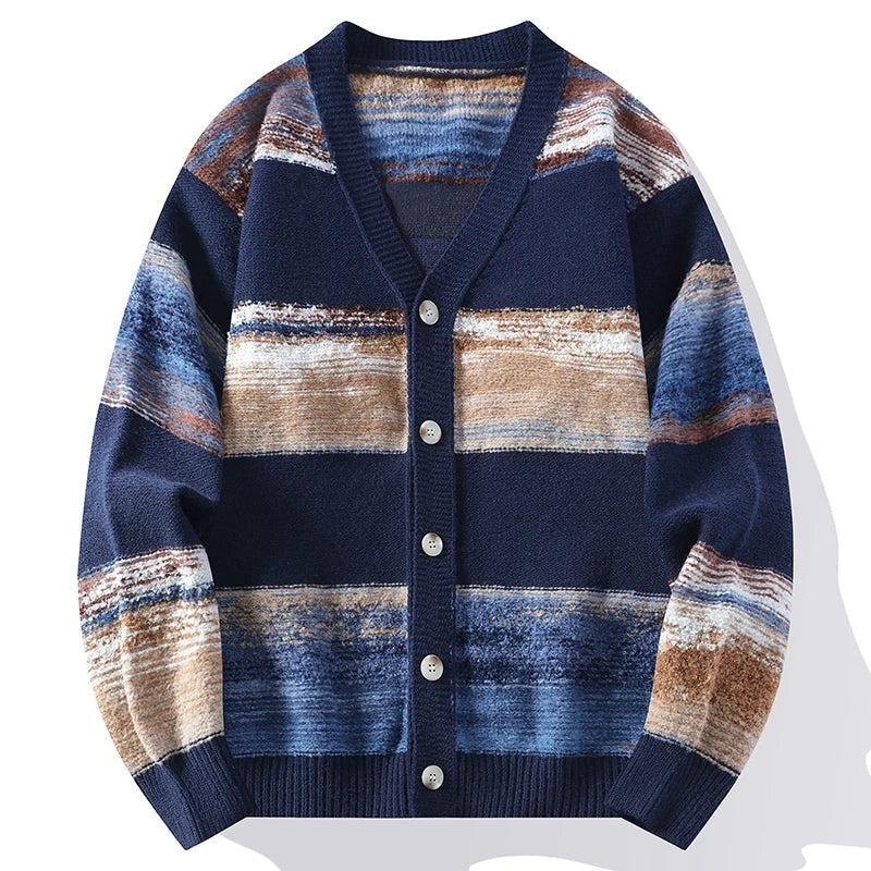 Striped Knit Cardigan Women Button Front V-Neck