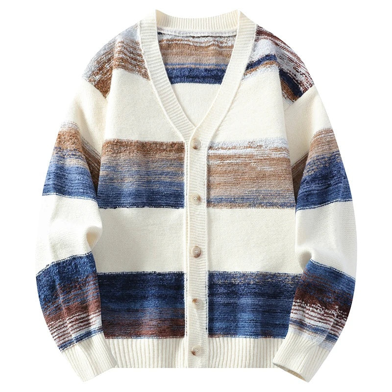 Striped Knit Cardigan Women Button Front V-Neck