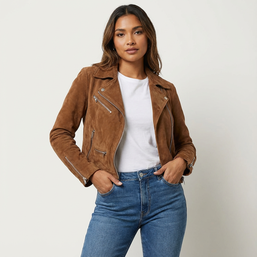 Biker Jacket Women Suede Look Tailored Fit Zip