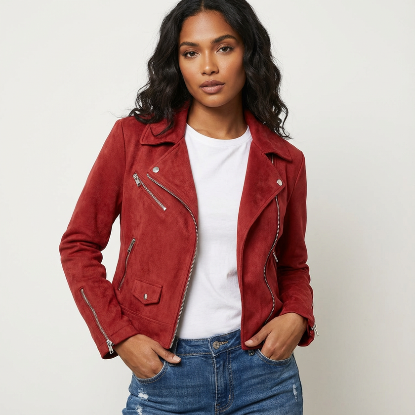 Biker Jacket Women Suede Look Tailored Fit Zip