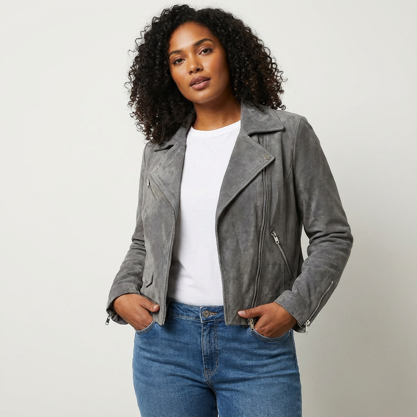 Biker Jacket Women Suede Look Tailored Fit Zip