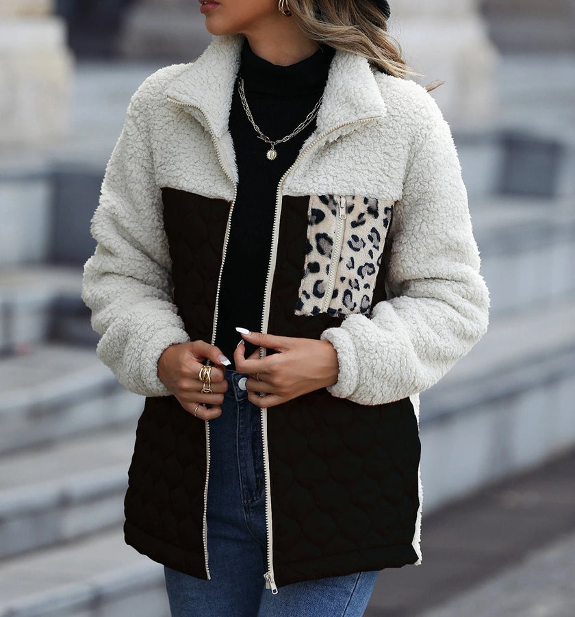 Quilted Teddy Jacket Women Leopard Print Winter