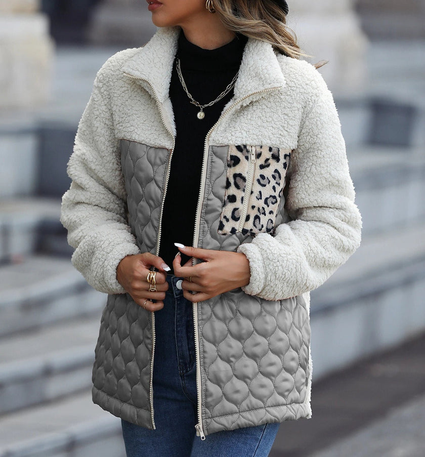 Quilted Teddy Jacket Women Leopard Print Winter