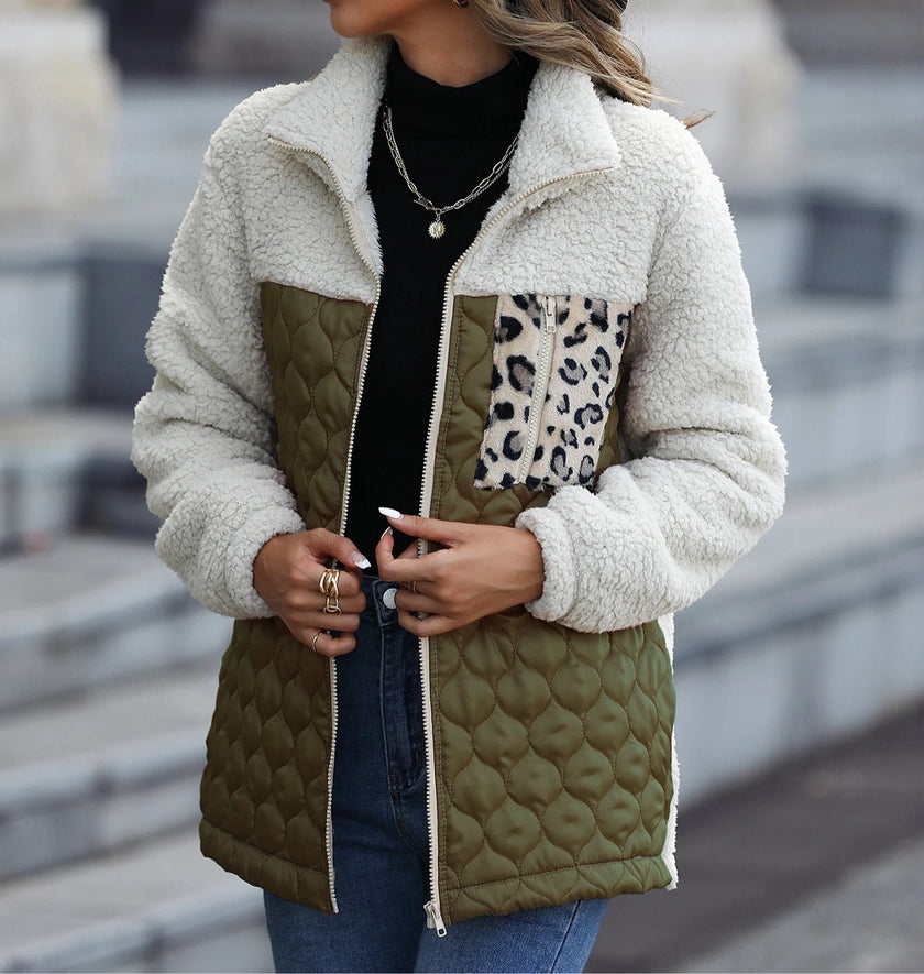 Quilted Teddy Jacket Women Leopard Print Winter
