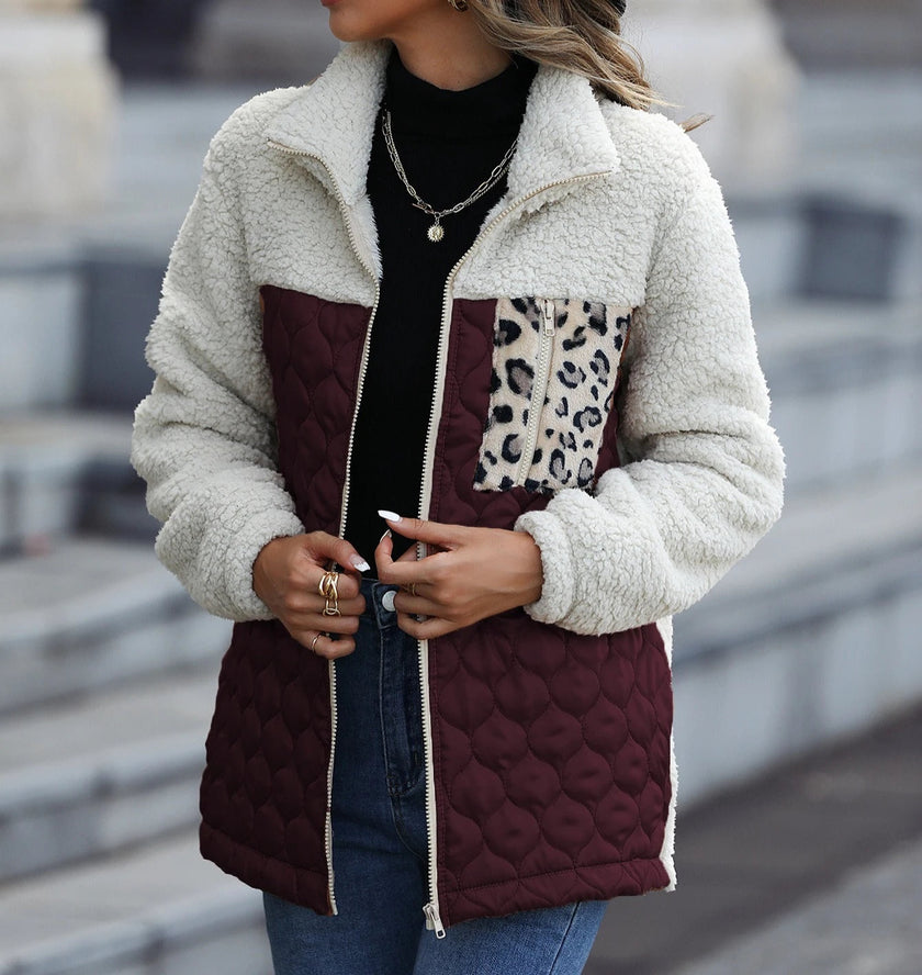 Quilted Teddy Jacket Women Leopard Print Winter