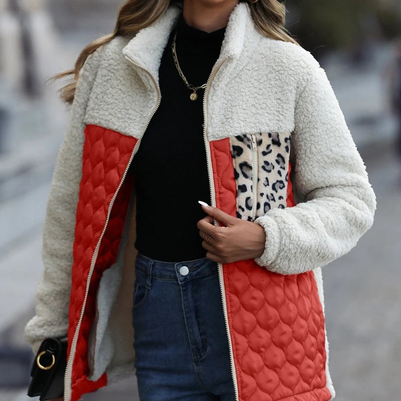 Quilted Teddy Jacket Women Leopard Print Winter