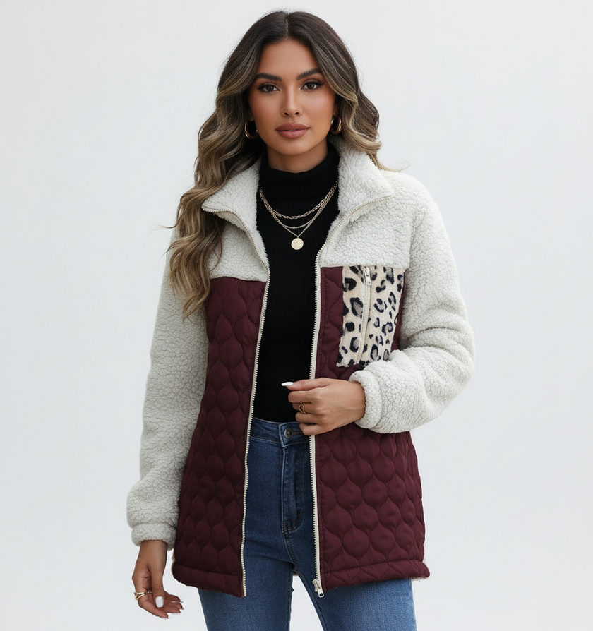 Quilted Teddy Jacket Women Leopard Print Winter