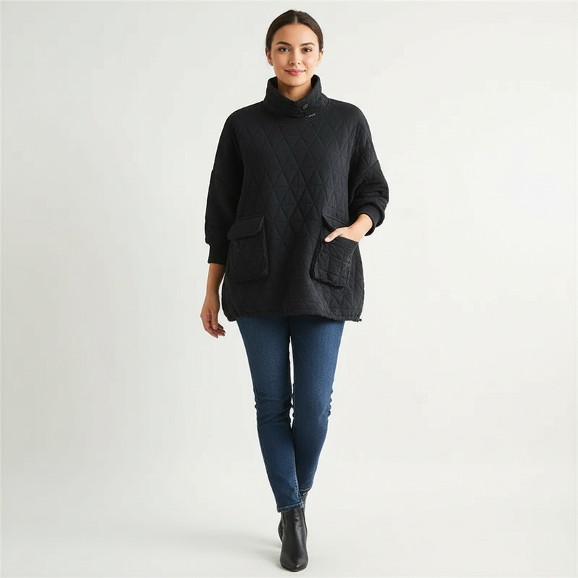 Quilted Pullover Women Oversized Fit High Neck with Pockets