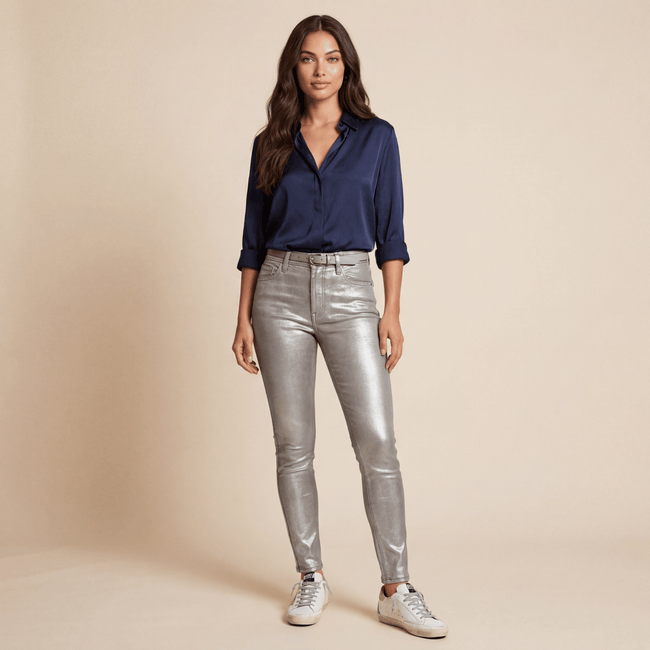 Coated Jeans Women High Waist Skinny Metallic Sheen