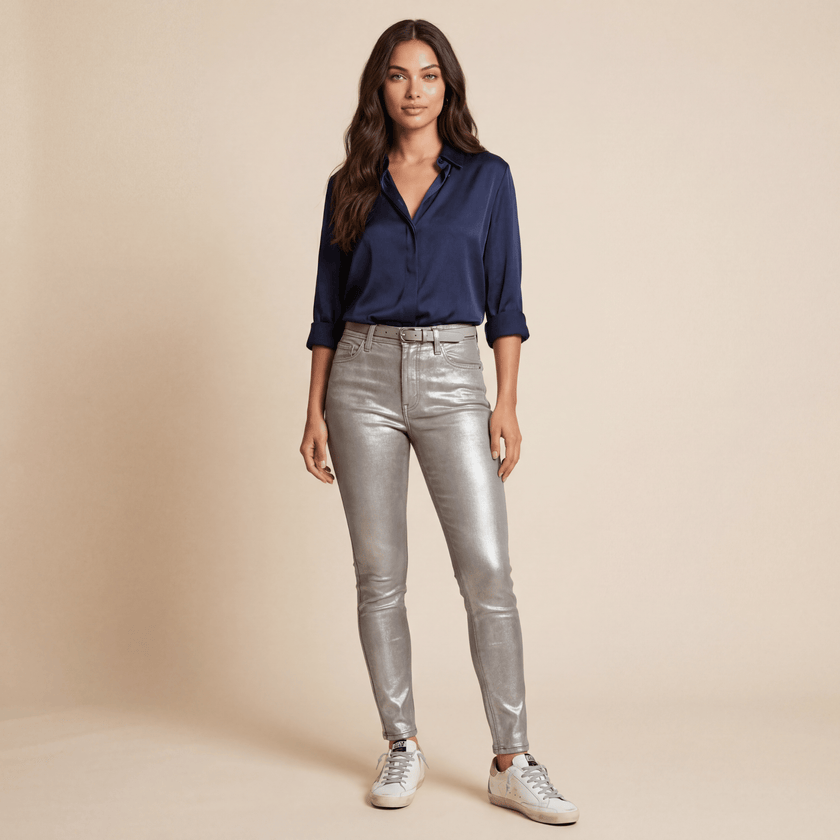 Coated Jeans Women High Waist Skinny Metallic Sheen
