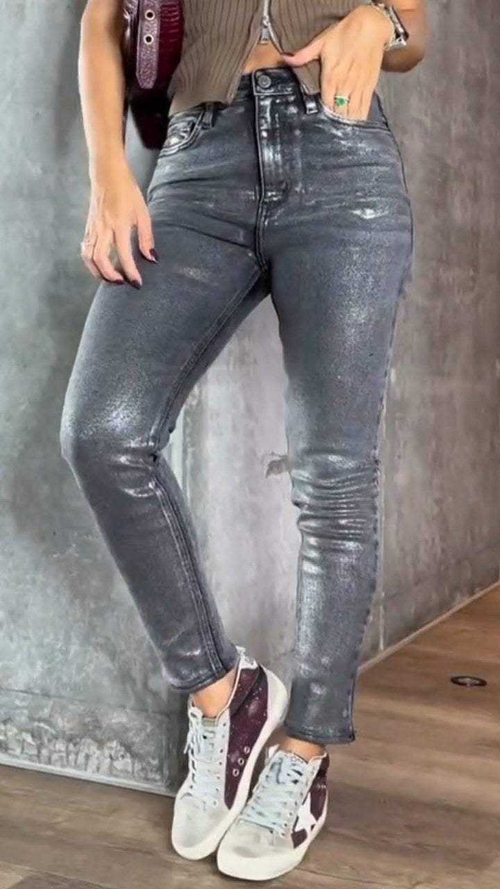 Coated Jeans Women High Waist Skinny Metallic Sheen