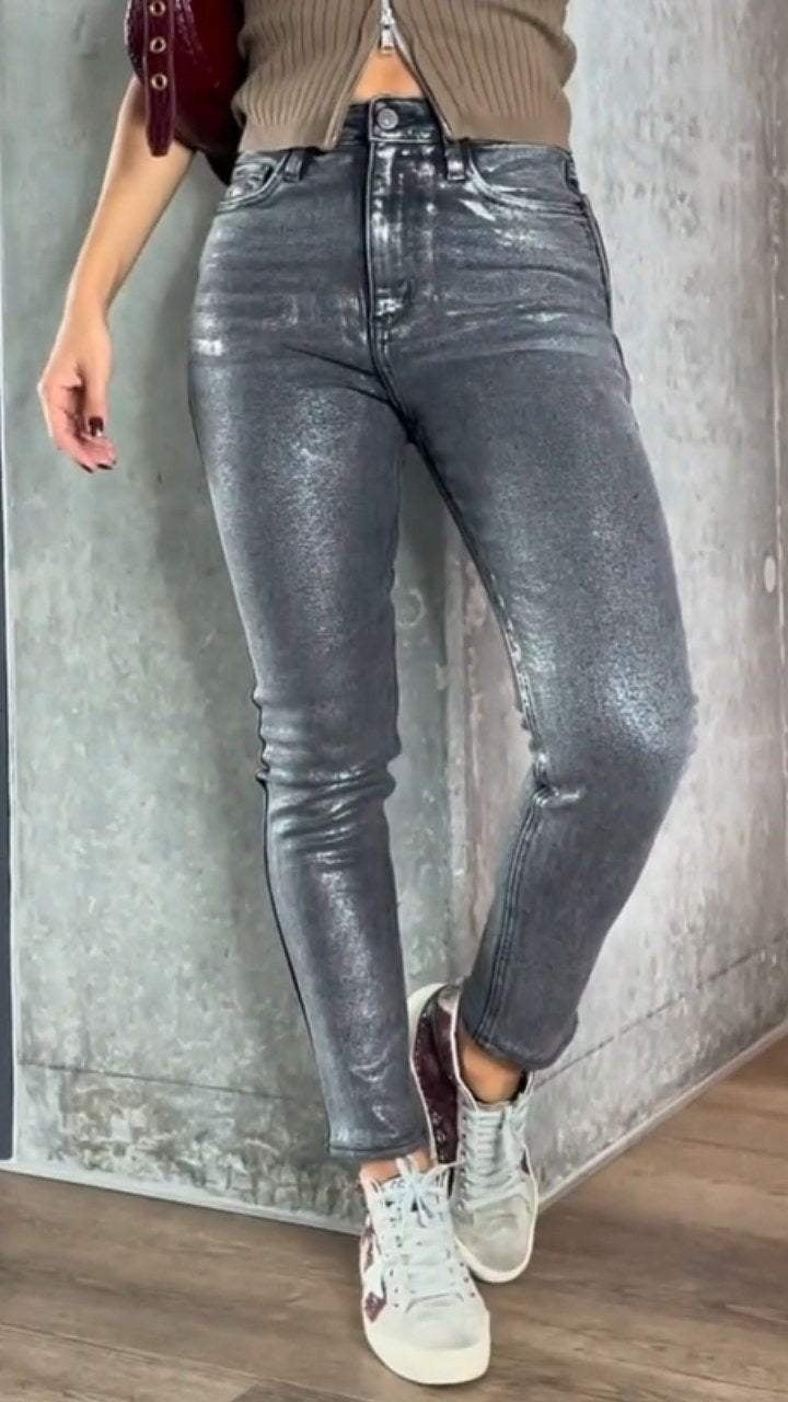 Coated Jeans Women High Waist Skinny Metallic Sheen