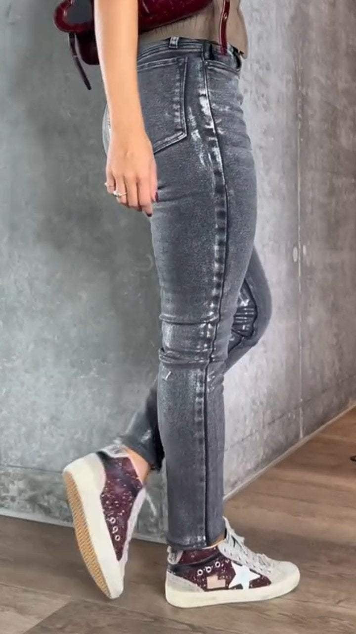 Coated Jeans Women High Waist Skinny Metallic Sheen