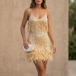 Gold FJØRNA elegant mini dress for women with V-neck and cami straps, perfect for stylish occasions.