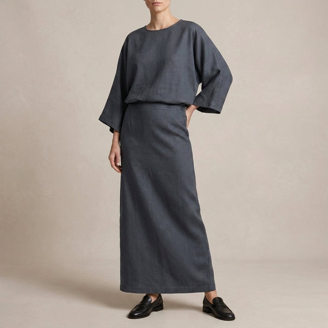 Graphite-colored women's summer two-piece co-ord set by FJØRNA featuring a wrap design and matching top and skirt.