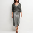 Gray satin two-piece women's co-ord set by FJØRNA featuring flowy fabric and elegant design, perfect for stylish occasions.