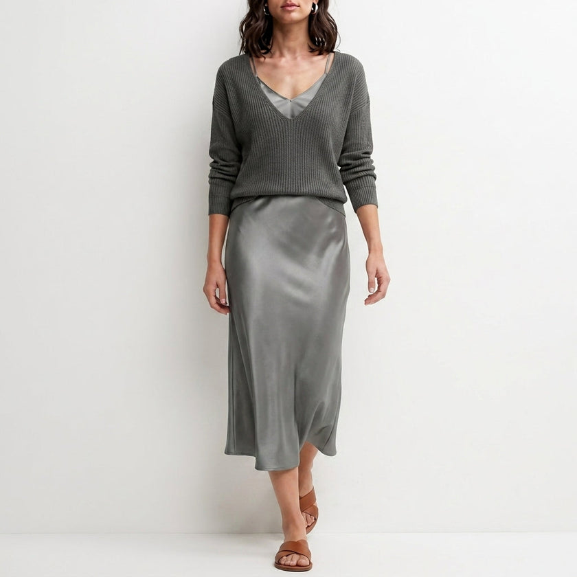 Gray satin two-piece women's co-ord set by FJØRNA featuring flowy fabric and elegant design, perfect for stylish occasions.