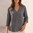 Gray women's summer blouse by FJØRNA featuring a V-neck, linen fabric, lightweight casual top for warm weather.
