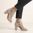 Gray FJØRNA women's orthopedic heeled sandals with adjustable strap and buckle for comfortable support and stylish wear.