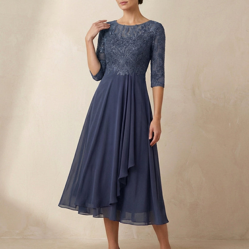 Gray FJØRNA elegant midi bodycon chiffon dress for women, showcasing a fitted silhouette and flowy fabric.