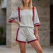 Gray FJØRNA women's summer two-piece off-shoulder drawstring co-ord set, casual and stylish for warm weather.