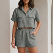 Gray women's summer two-piece co-ord set with button-front top and matching shorts by FJØRNA.