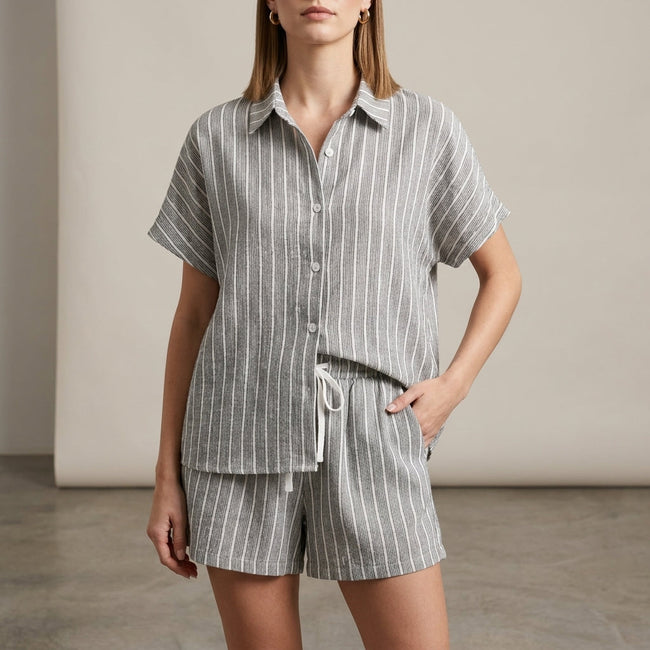 Gray FJØRNA women's two-piece striped co-ord set with button-front top and matching pants, casual and stylish.