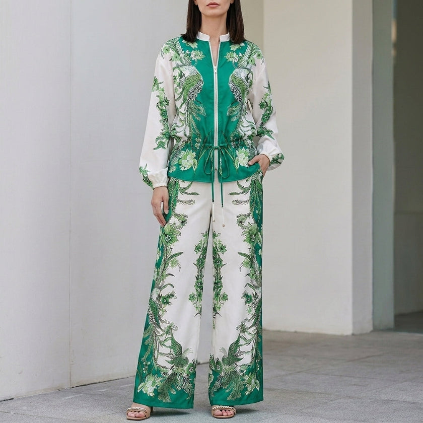 FJØRNA women's two-piece floral wide-leg co-ord set in green, featuring a stylish crop top and flowy pants.
