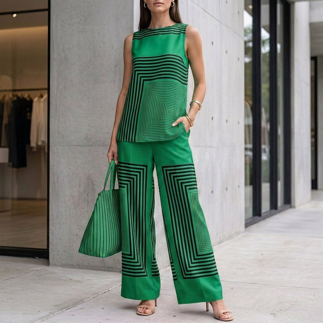 Green women's summer two-piece striped co-ord set with pockets by FJØRNA, featuring a stylish and comfortable matching top and pants.