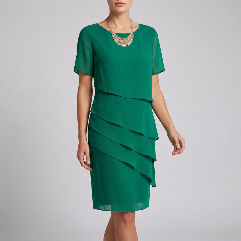 Green elegant women's ruffle chiffon dress by FJØRNA, flowing design with delicate ruffle details for stylish occasions.