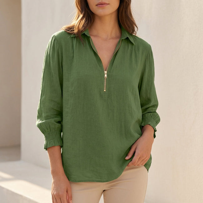 Green V-neck long sleeve linen summer blouse for women by FJØRNA, stylish top perfect for warm weather.