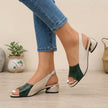Green FJØRNA textured slingback block heel sandals with open toe and gold accent detail.