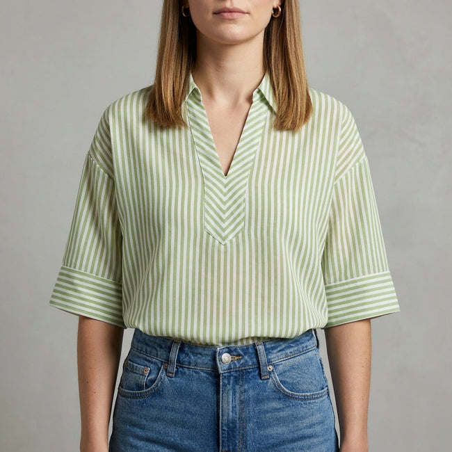 Green striped linen summer blouse for women by FJØRNA, lightweight top with a relaxed fit and casual style.