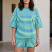 Green striped summer two-piece women's co-ord set with twist front design by FJØRNA, featuring a stylish and comfortable fit.