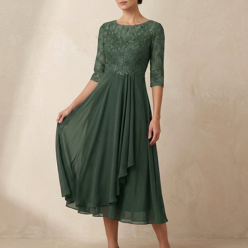Green FJØRNA elegant midi bodycon chiffon dress for women, stylish and fitted for sophisticated occasions.