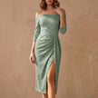 Green off-shoulder bodycon midi dress for women by FJØRNA, featuring a stylish knit design and fitted silhouette.