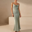Green FJØRNA women's elegant maxi dress with cowl neck and cami straps, perfect for sophisticated evening wear.