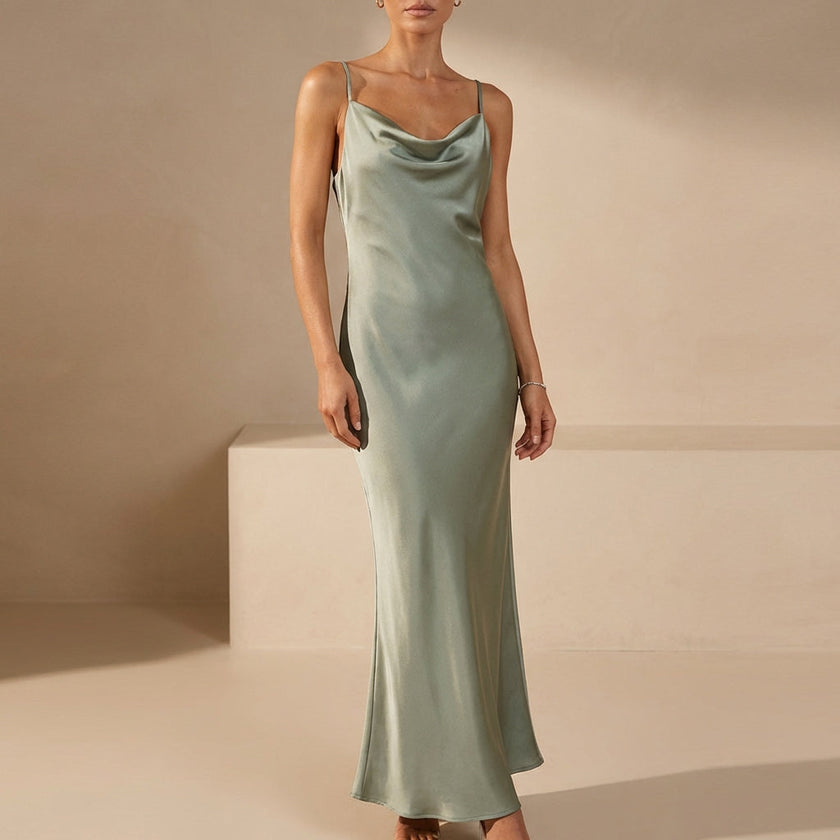 Green FJØRNA women's elegant maxi dress with cowl neck and cami straps, perfect for sophisticated evening wear.