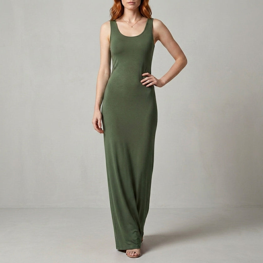 FJØRNA elegant green sleeveless maxi dress for women with scoop neck, flowing fabric, and stylish design.