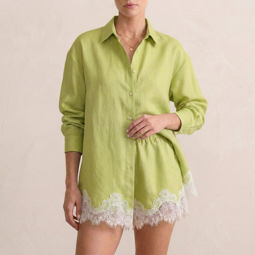 Green FJØRNA women's two-piece lace co-ord set, stylish and elegant, featuring a fitted top and matching skirt or pants.