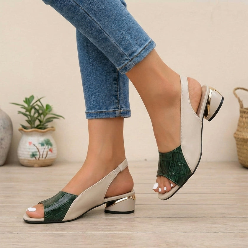 Green FJØRNA embossed peep toe slingback block heel sandals for women, featuring color block design and stylish heel.