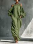 Green FJØRNA maxi dress for women with flowing fabric and sleeveless design, perfect for casual or summer wear.
