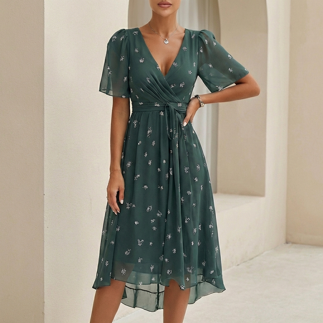 Green FJØRNA elegant midi dress for women with V-neck, short sleeves, and wrap design, showcasing a stylish and sophisticated look.
